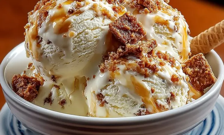 Malted milk toffee crunch ice cream with toffee bits and creamy texture