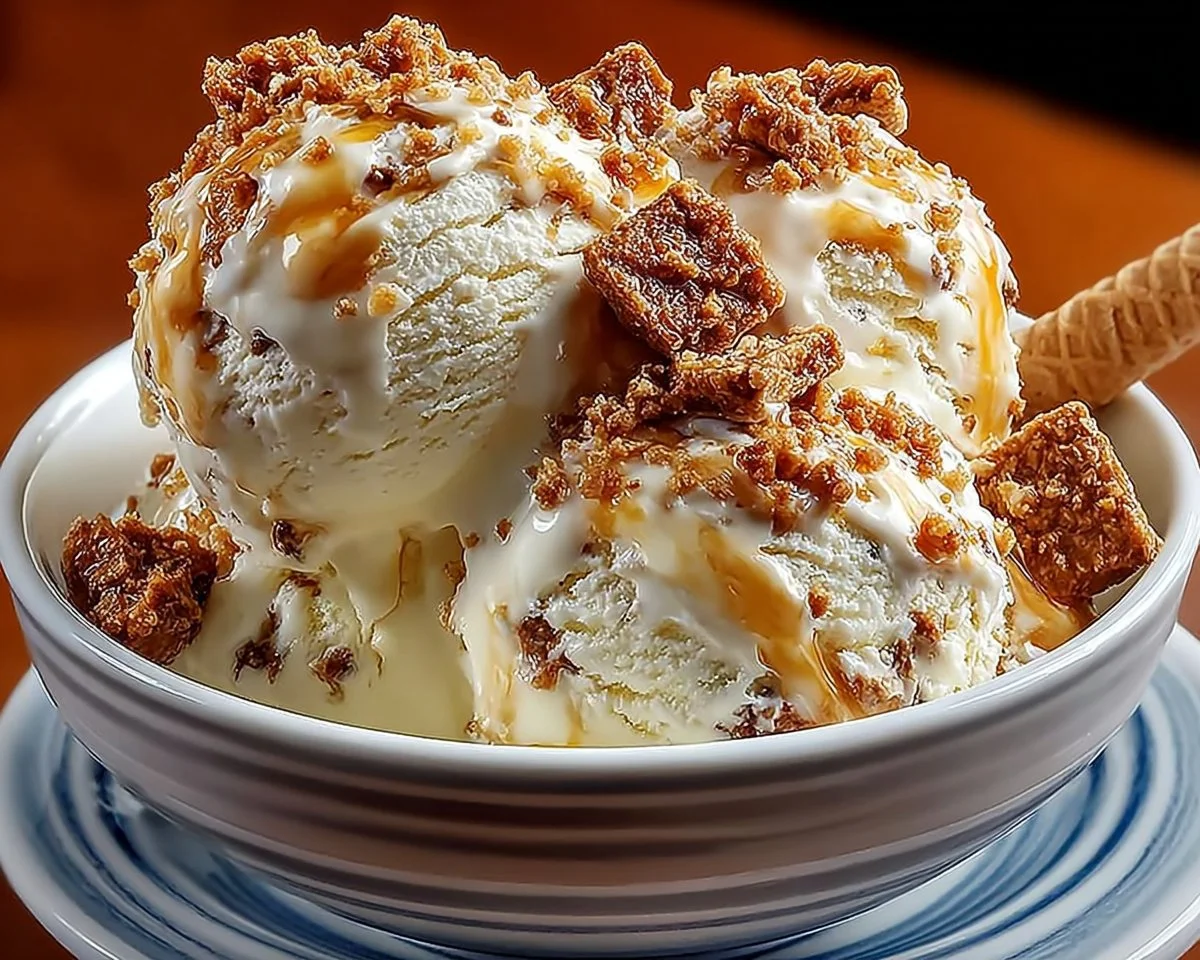 Malted milk toffee crunch ice cream with toffee bits and creamy texture