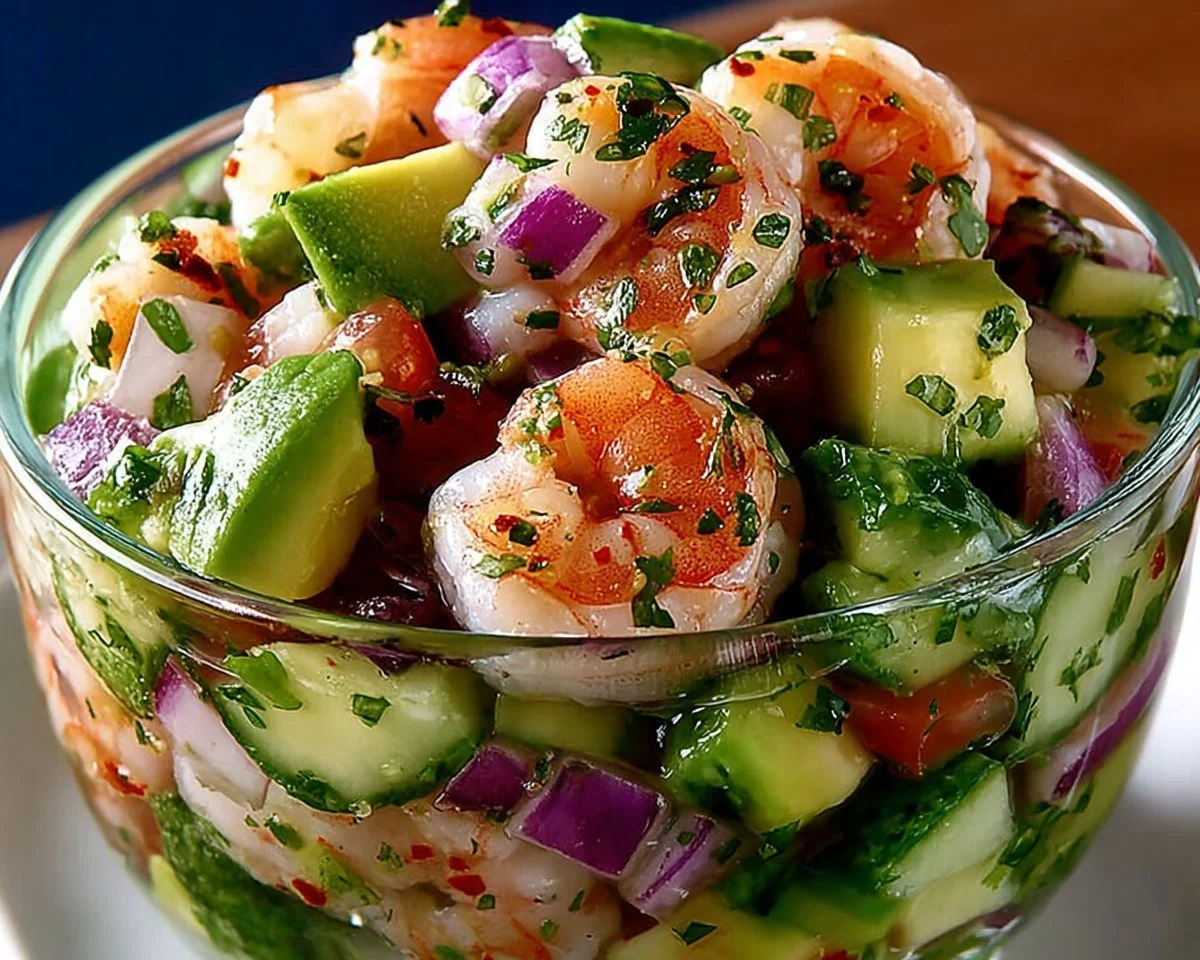 Colorful Mexican shrimp cocktail served in a glass with fresh lime and avocado.