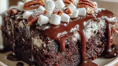 Delicious Mississippi Mud Cake topped with melted chocolate and nuts.