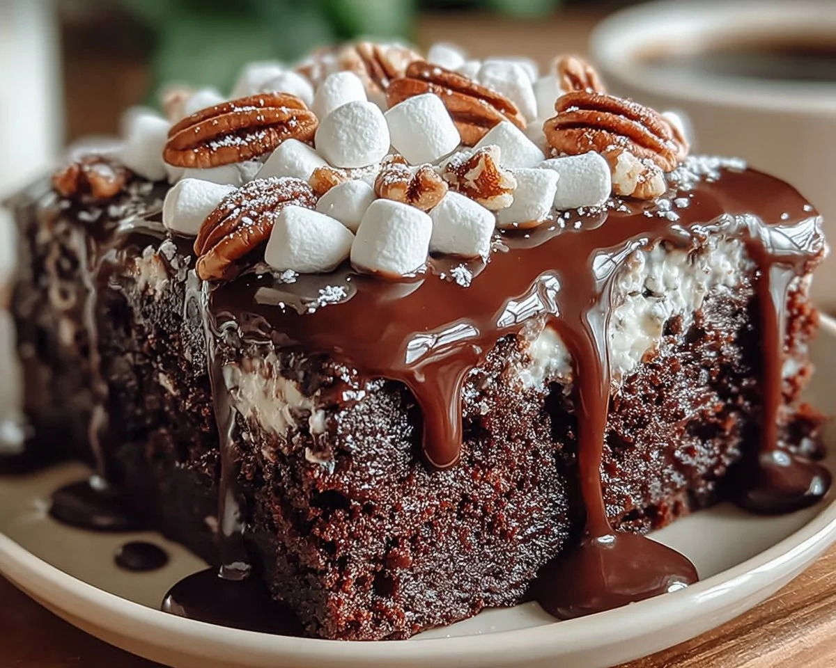 Delicious Mississippi Mud Cake topped with melted chocolate and nuts.