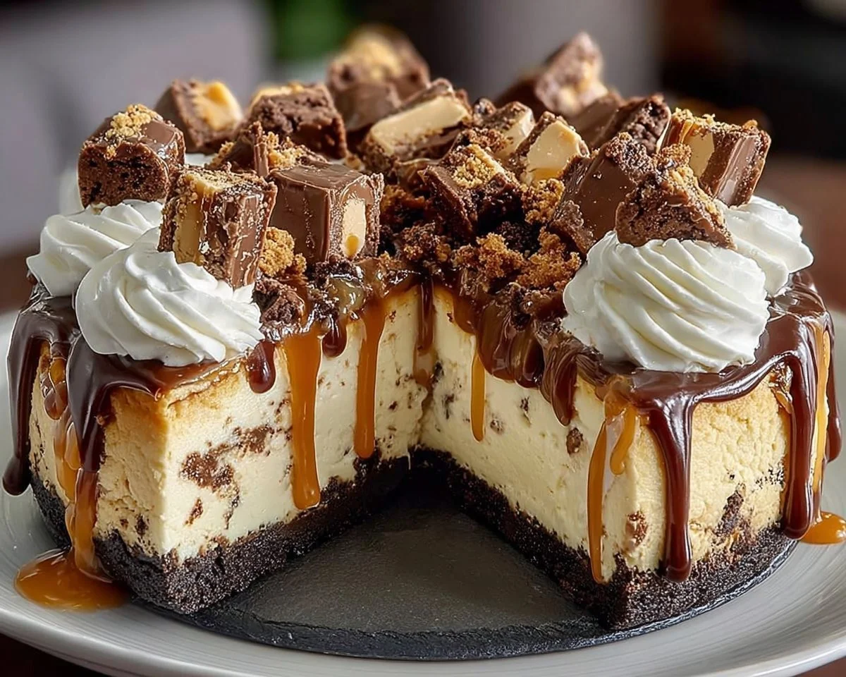 Delicious Reese's Peanut Butter Cup Cheesecake topped with chocolate and peanut butter.