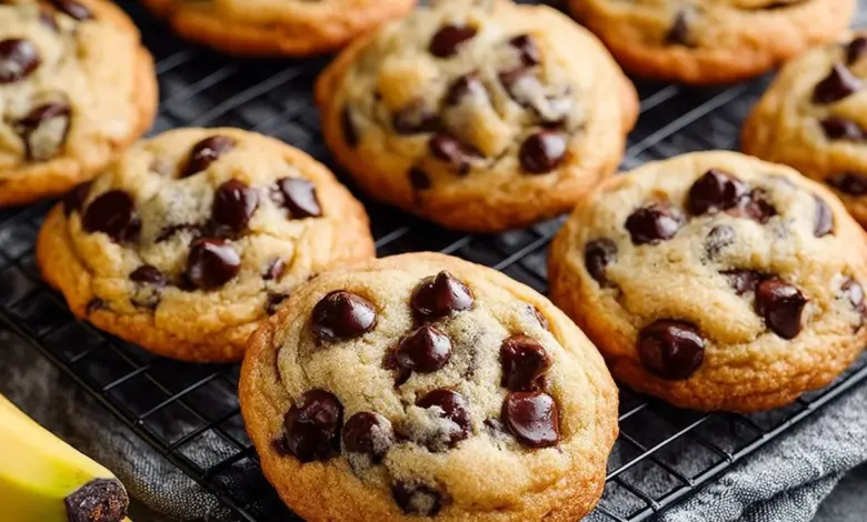 Freshly baked banana chocolate chip cookies on a cooling rack
