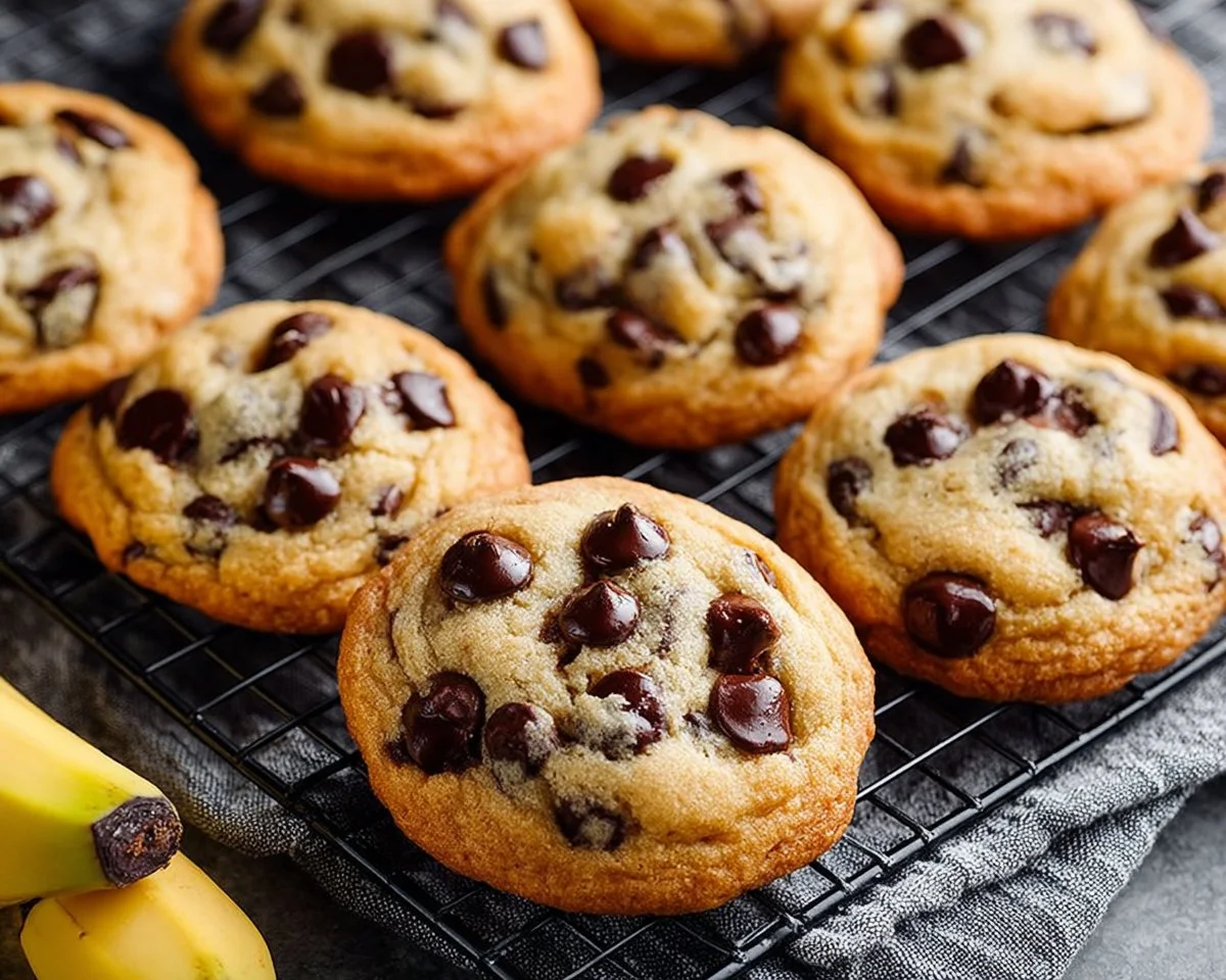 Freshly baked banana chocolate chip cookies on a cooling rack