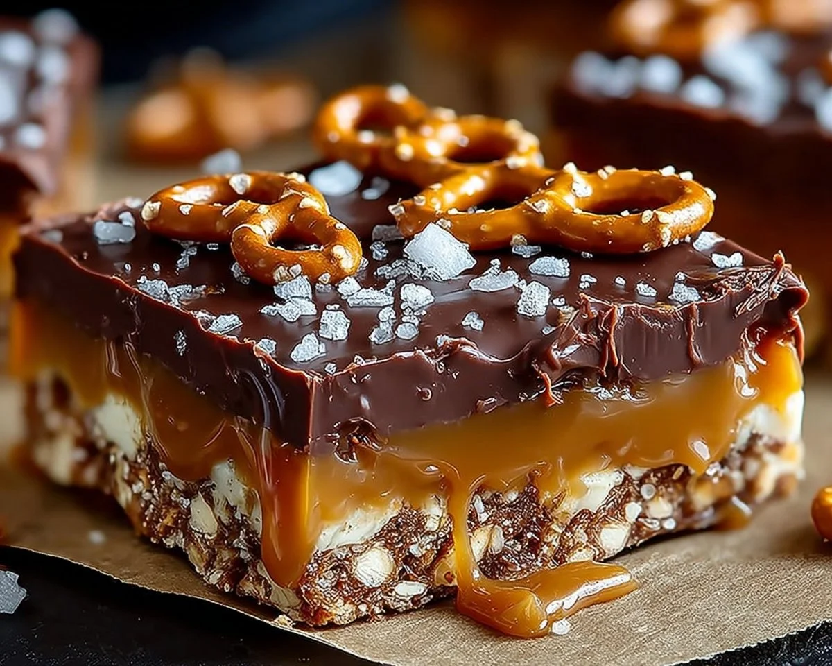 No bake caramel pretzel crack bars with a sweet and salty topping