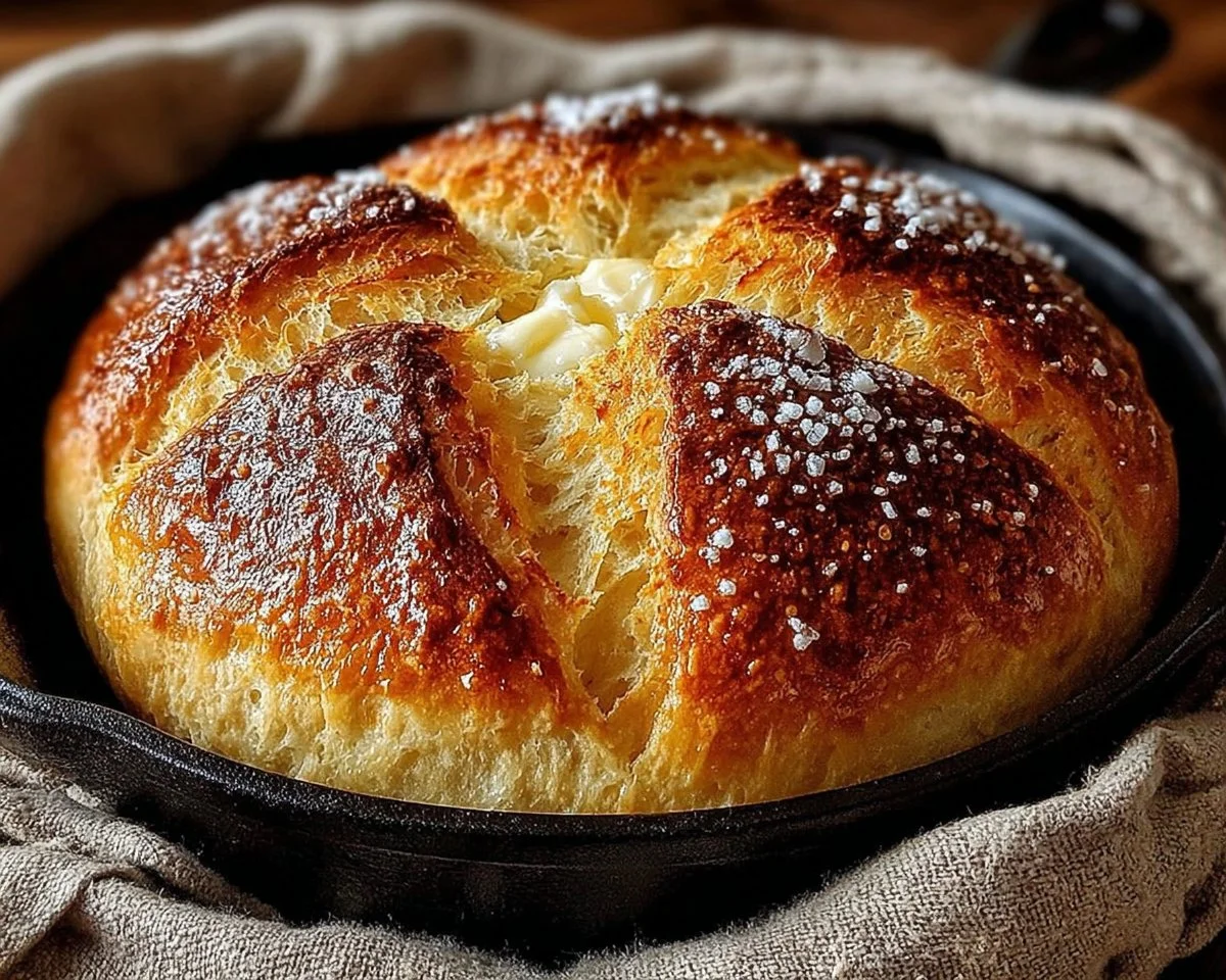 Homemade no-oven stovetop bread cooking on a skillet.