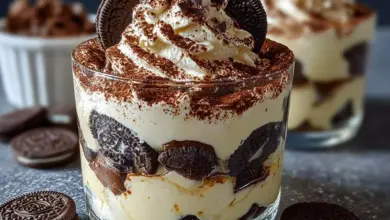 Delicious Oreo Tiramisu Trifle with layers of cream and Oreo cookies