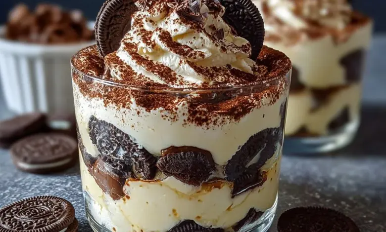 Delicious Oreo Tiramisu Trifle with layers of cream and Oreo cookies