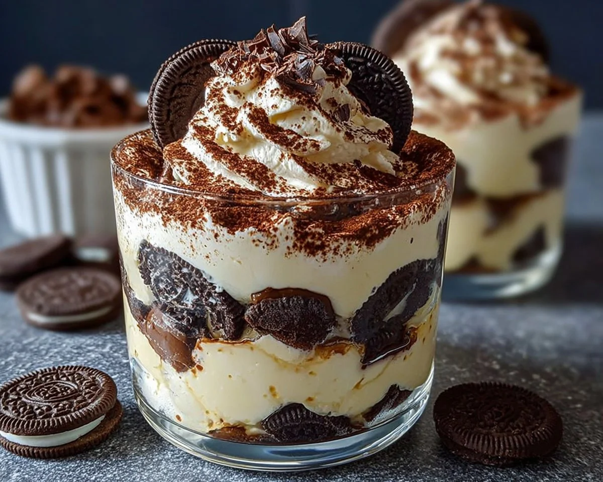 Delicious Oreo Tiramisu Trifle with layers of cream and Oreo cookies