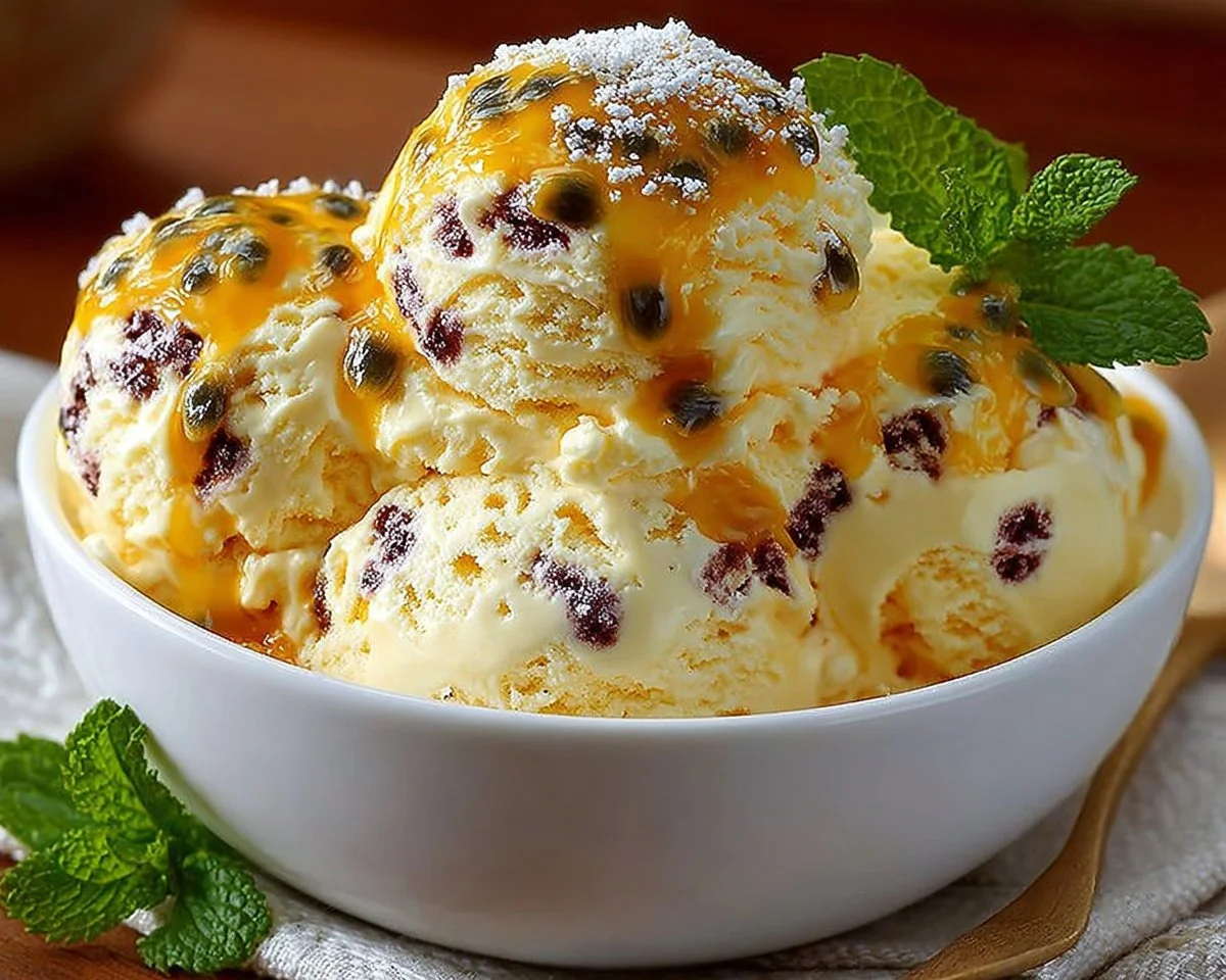 Delicious bowl of homemade Passion Fruit Ice Cream topped with fresh fruit