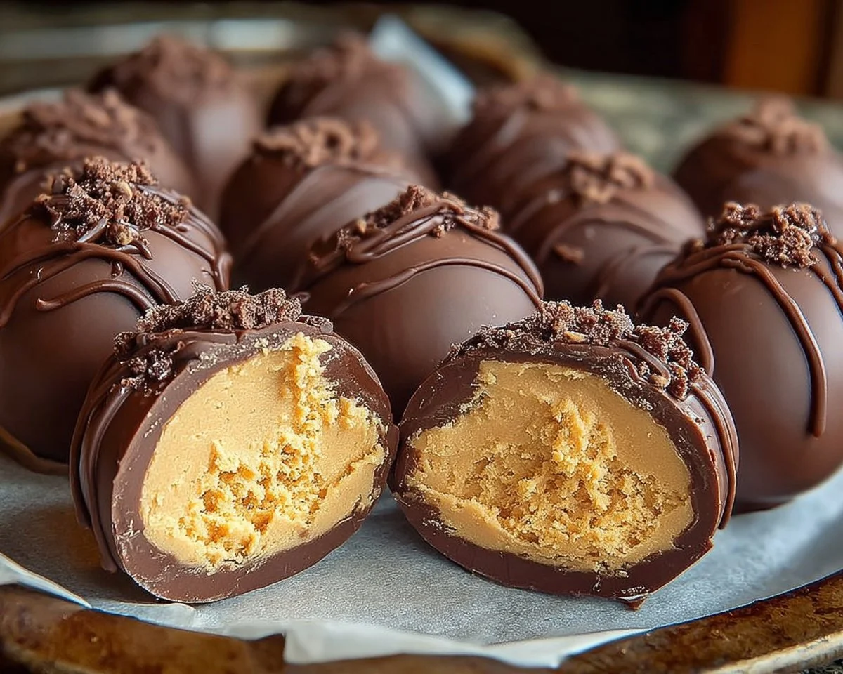 Delicious homemade peanut butter eggs on a white plate.