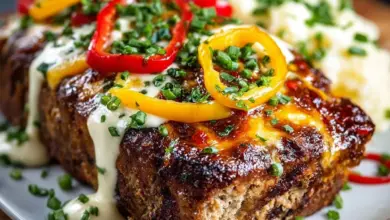 Philly Cheesesteak Meatloaf served on a plate with grilled peppers and onions