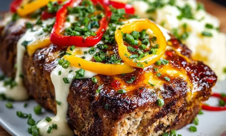 Philly Cheesesteak Meatloaf served on a plate with grilled peppers and onions
