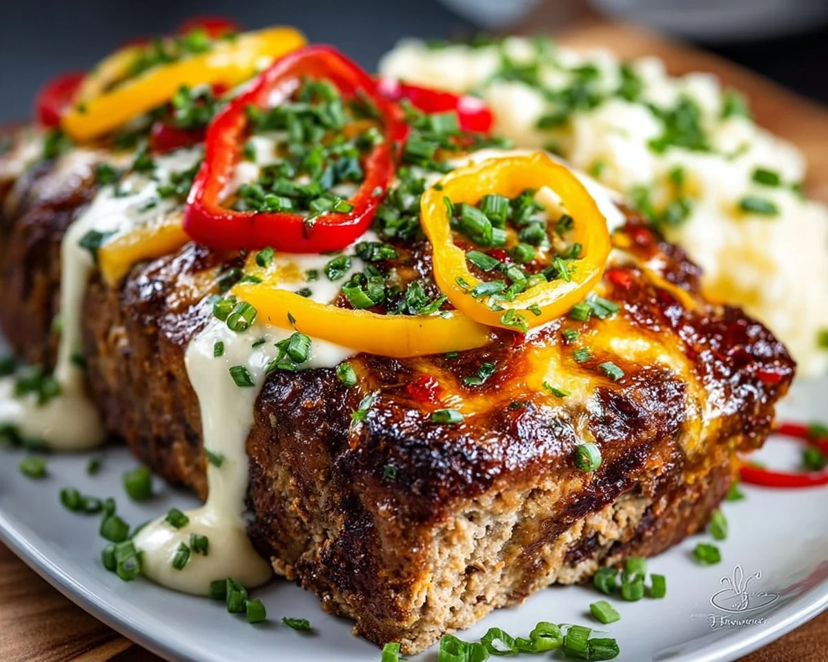 Philly Cheesesteak Meatloaf served on a plate with grilled peppers and onions