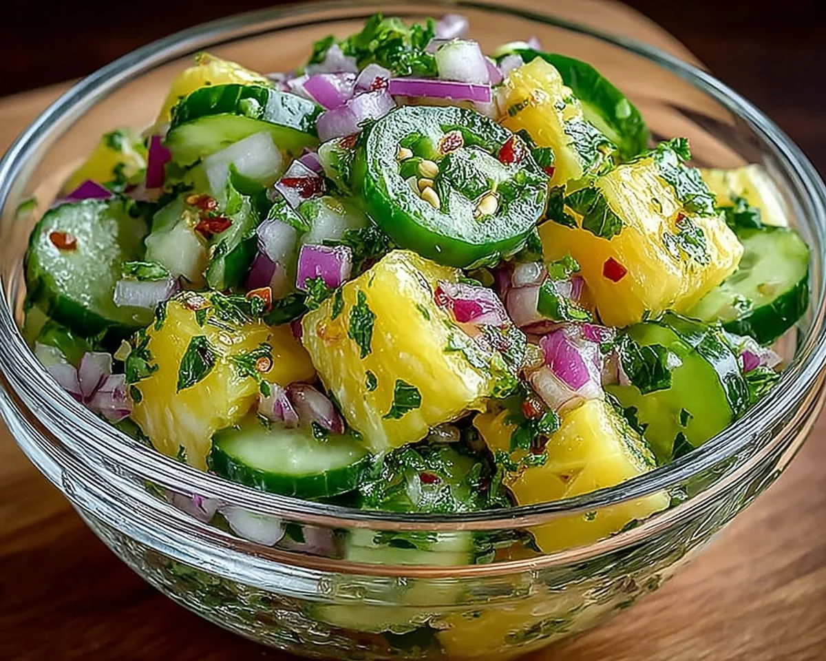Fresh and vibrant Pineapple Cucumber Salad in a bowl.