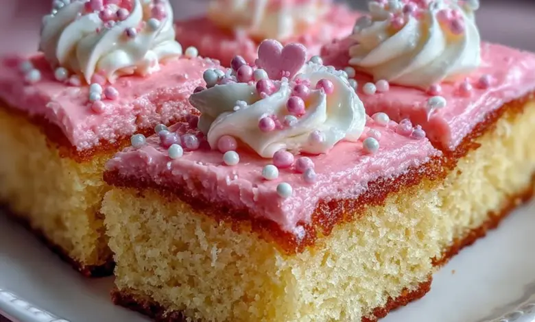 Pink Vanilla Cake Squares topped with frosting on a white plate