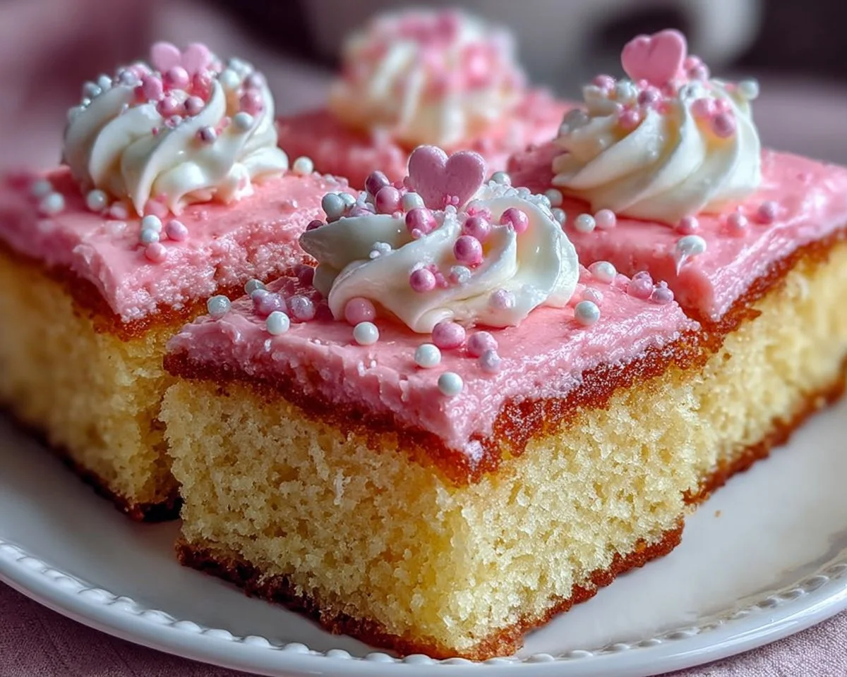 Pink Vanilla Cake Squares topped with frosting on a white plate