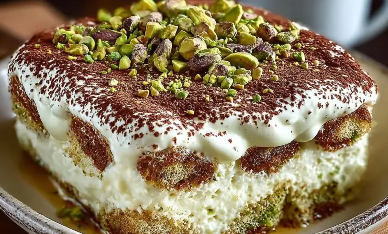 Delicious Pistachio Tiramisu dessert with creamy layers and crushed pistachios