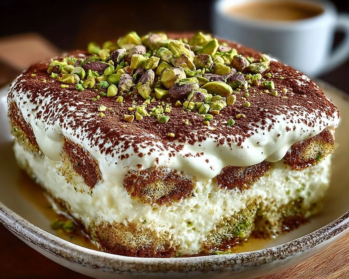 Delicious Pistachio Tiramisu dessert with creamy layers and crushed pistachios