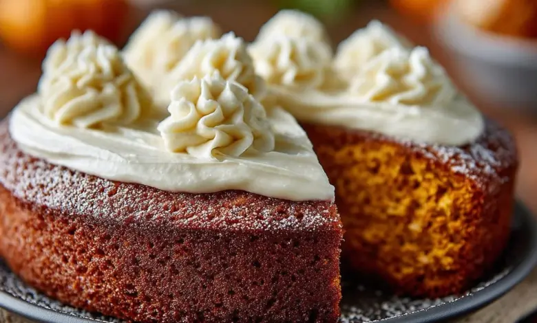 Slice of moist pumpkin cake topped with cream cheese frosting on a rustic plate