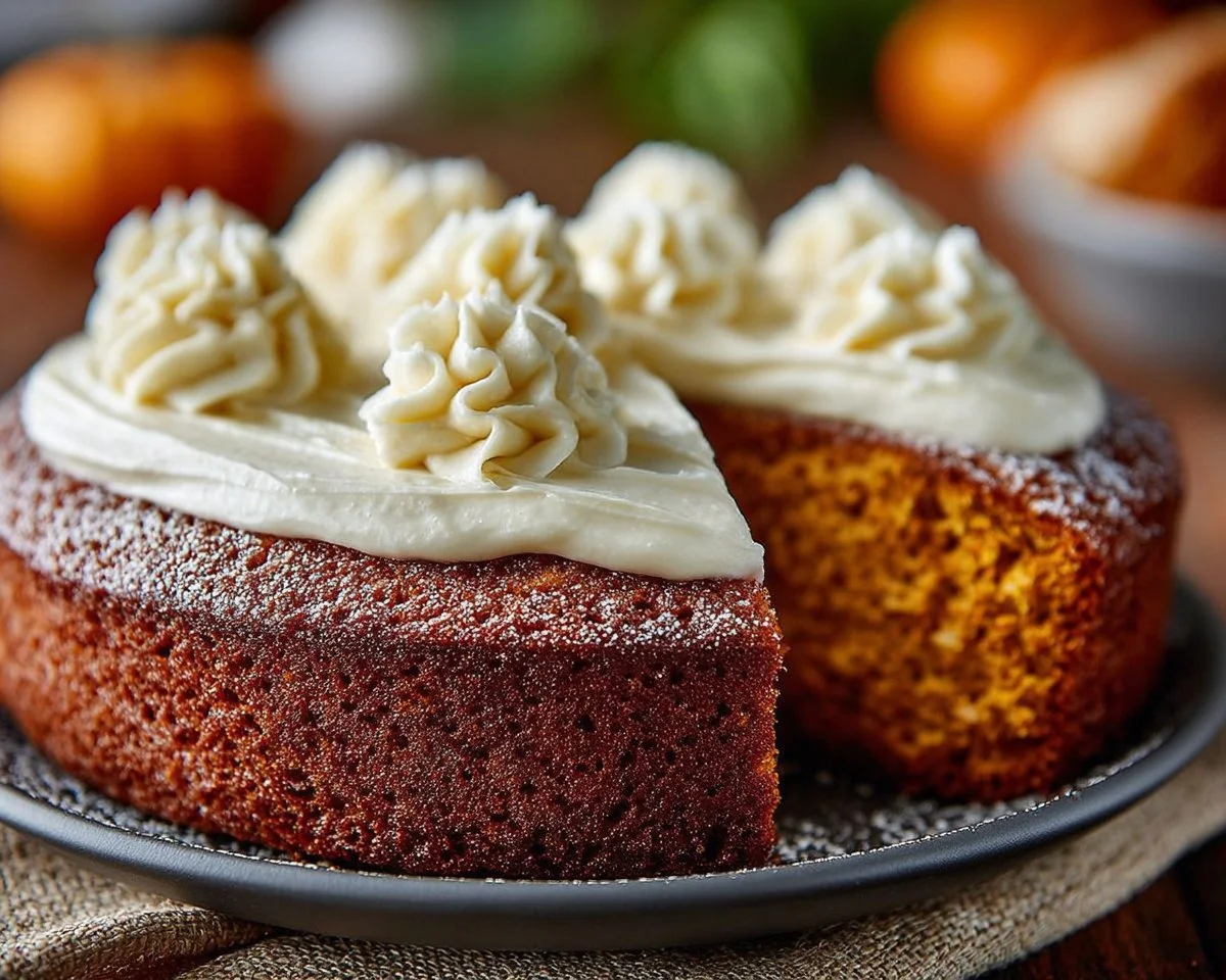 Slice of moist pumpkin cake topped with cream cheese frosting on a rustic plate