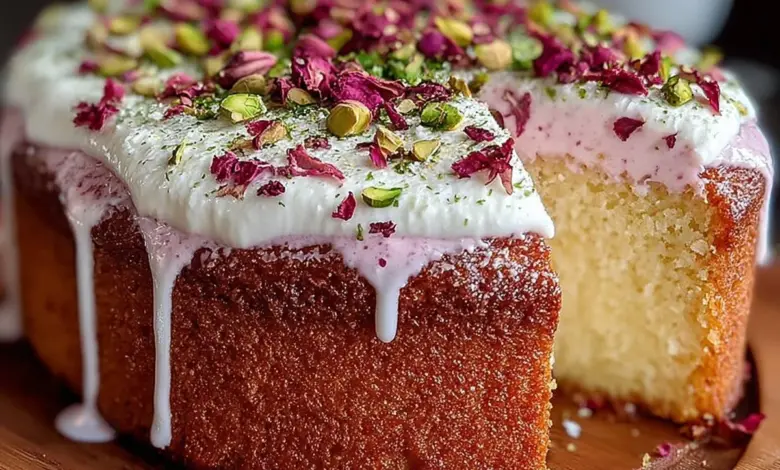 Delicious homemade rose milk cake topped with cream and rose petals.
