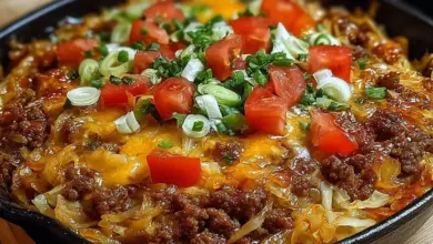 Savory cabbage beef bake with layers of beef and cabbage for a delicious meal