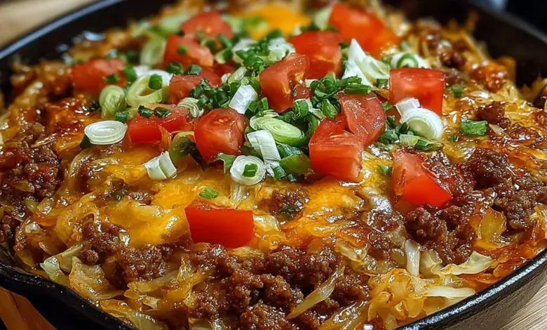 Savory cabbage beef bake with layers of beef and cabbage for a delicious meal