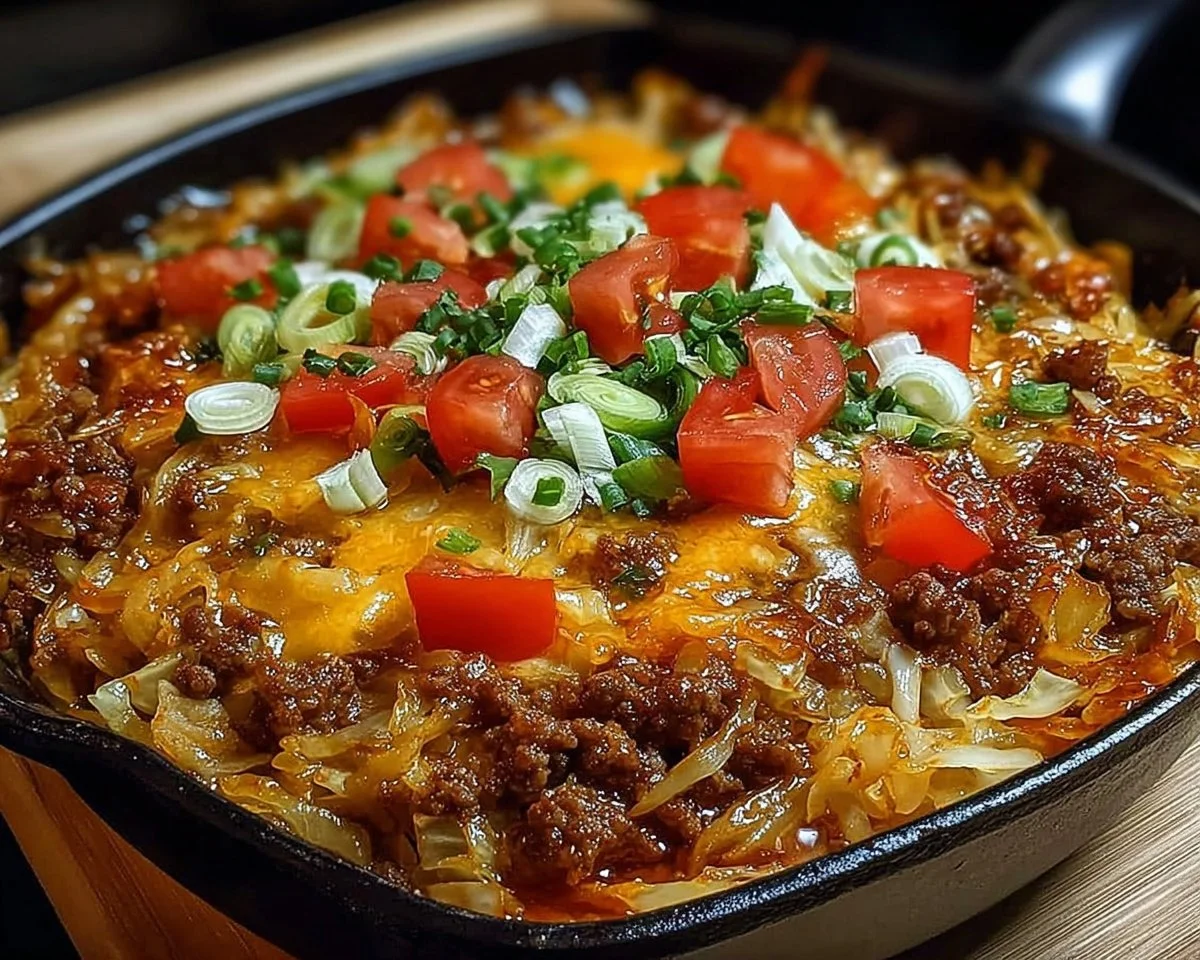 Savory cabbage beef bake with layers of beef and cabbage for a delicious meal