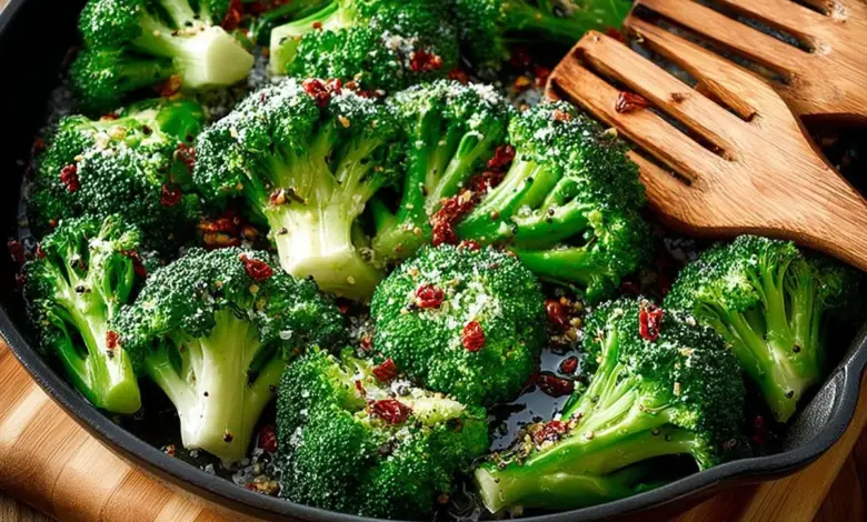 Plate of smashed broccoli with garlic and herbs, a healthy side dish.