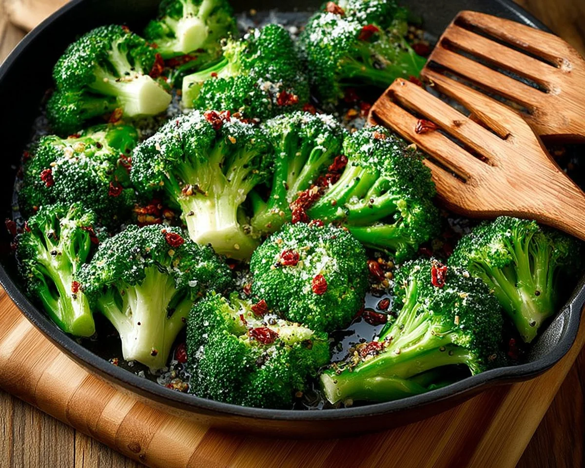 Plate of smashed broccoli with garlic and herbs, a healthy side dish.
