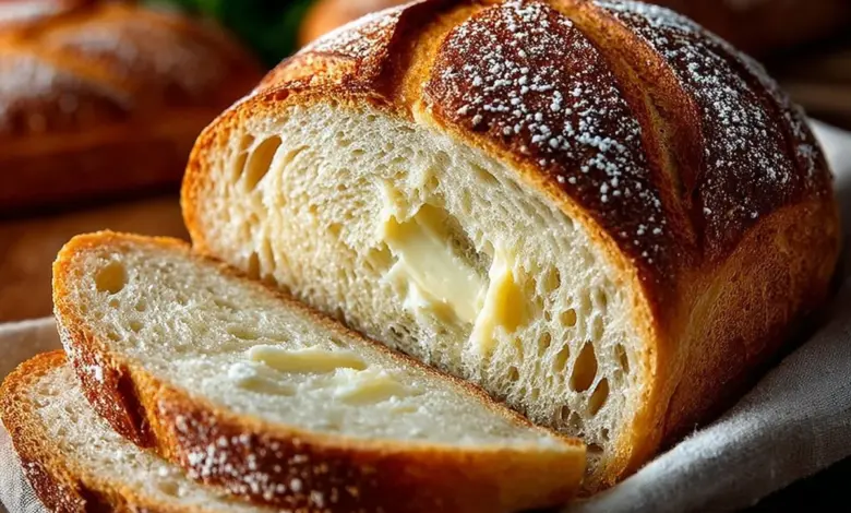 Freshly baked sourdough sandwich bread loaf on a wooden cutting board