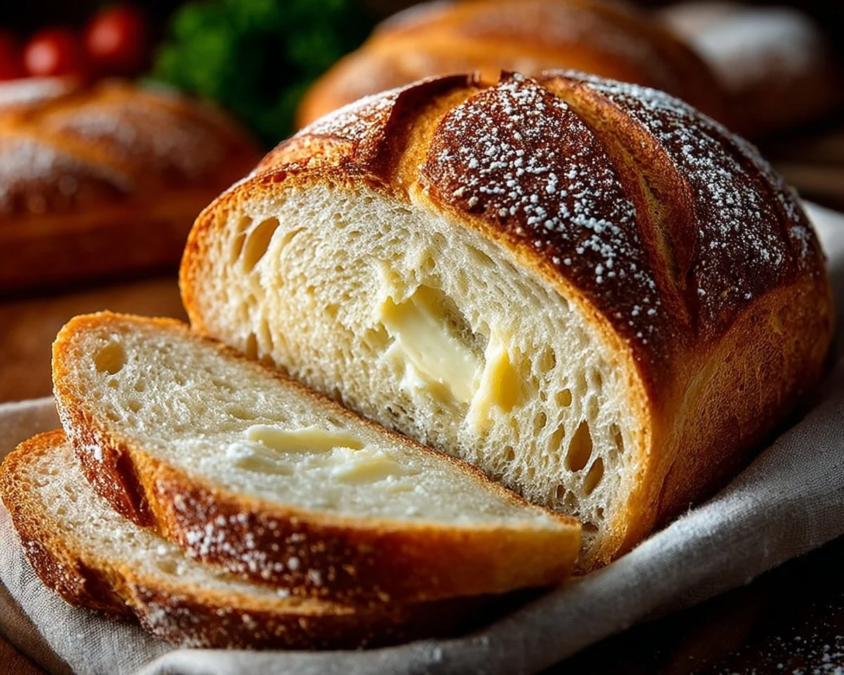 Freshly baked sourdough sandwich bread loaf on a wooden cutting board