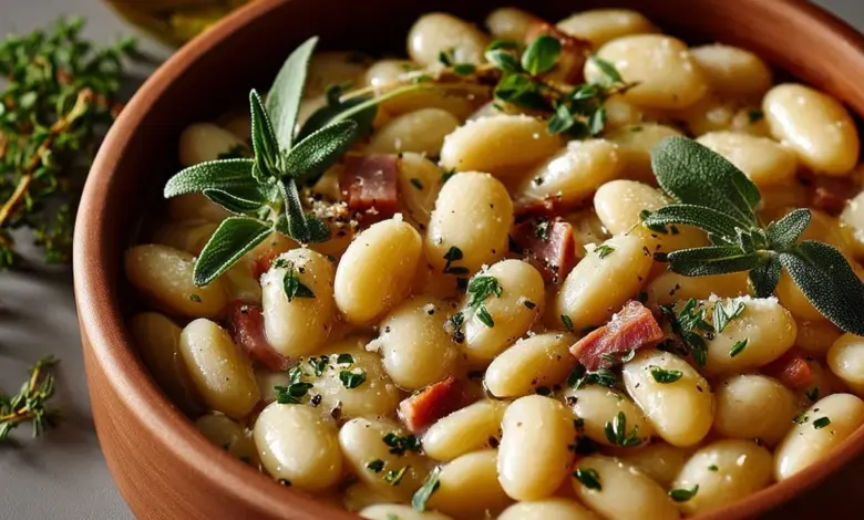 Delicious Southern butter beans served in a bowl with herbs.