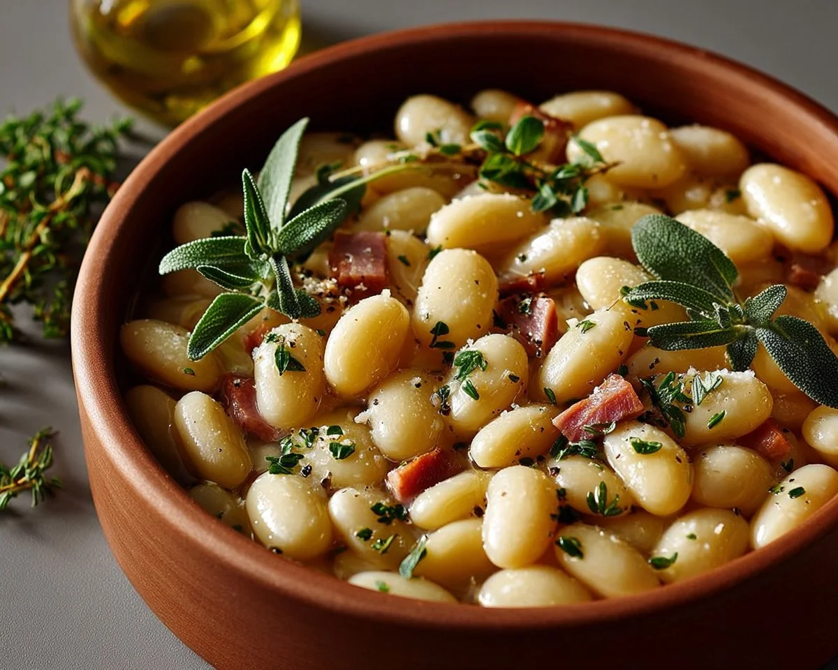 Delicious Southern butter beans served in a bowl with herbs.