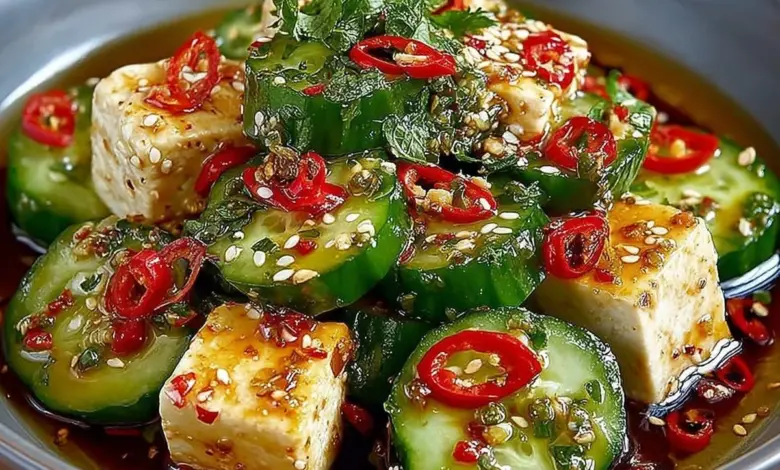 Spicy cucumber and tofu salad garnished with sesame seeds and herbs