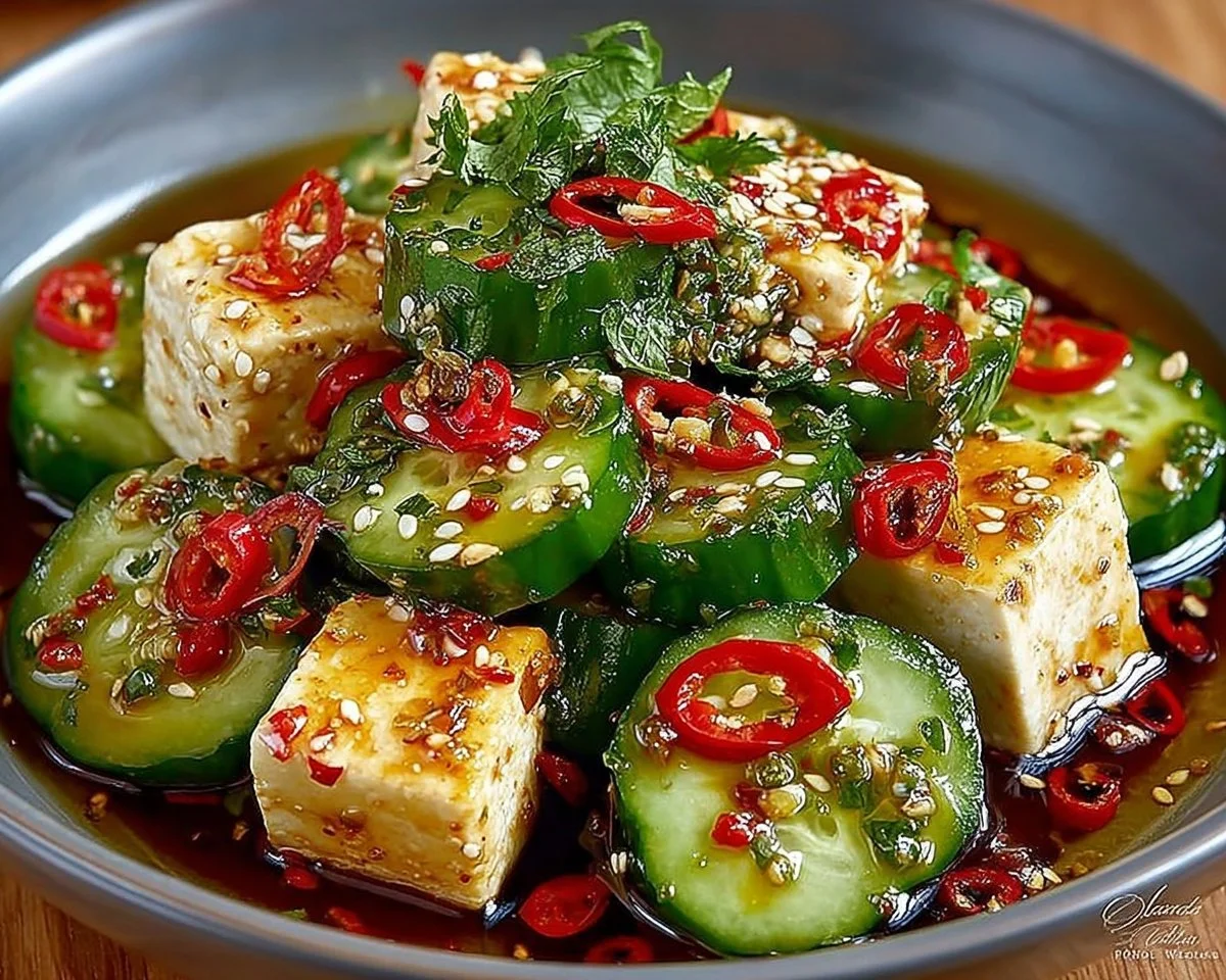 Spicy cucumber and tofu salad garnished with sesame seeds and herbs