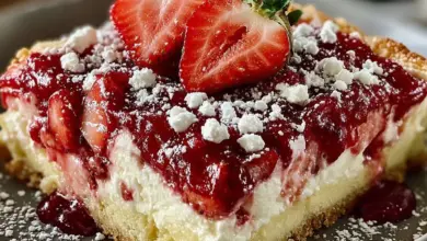 Delicious Strawberry Cheesecake Dump Cake topped with fresh strawberries