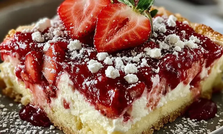 Delicious Strawberry Cheesecake Dump Cake topped with fresh strawberries