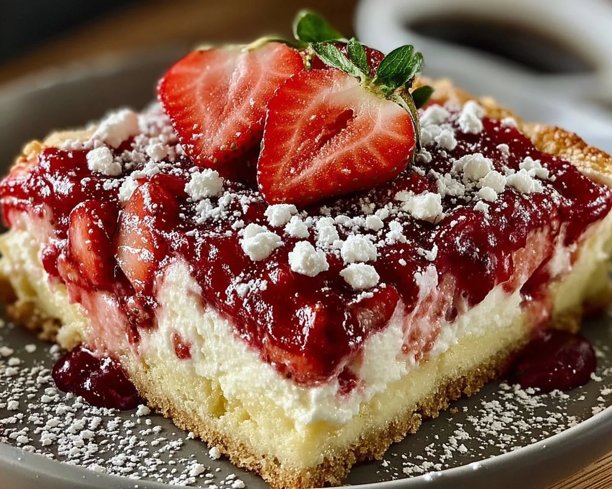 Delicious Strawberry Cheesecake Dump Cake topped with fresh strawberries