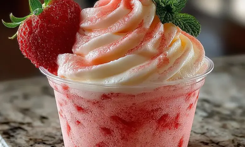 Delicious Strawberry Dole Whip served in a parfait glass