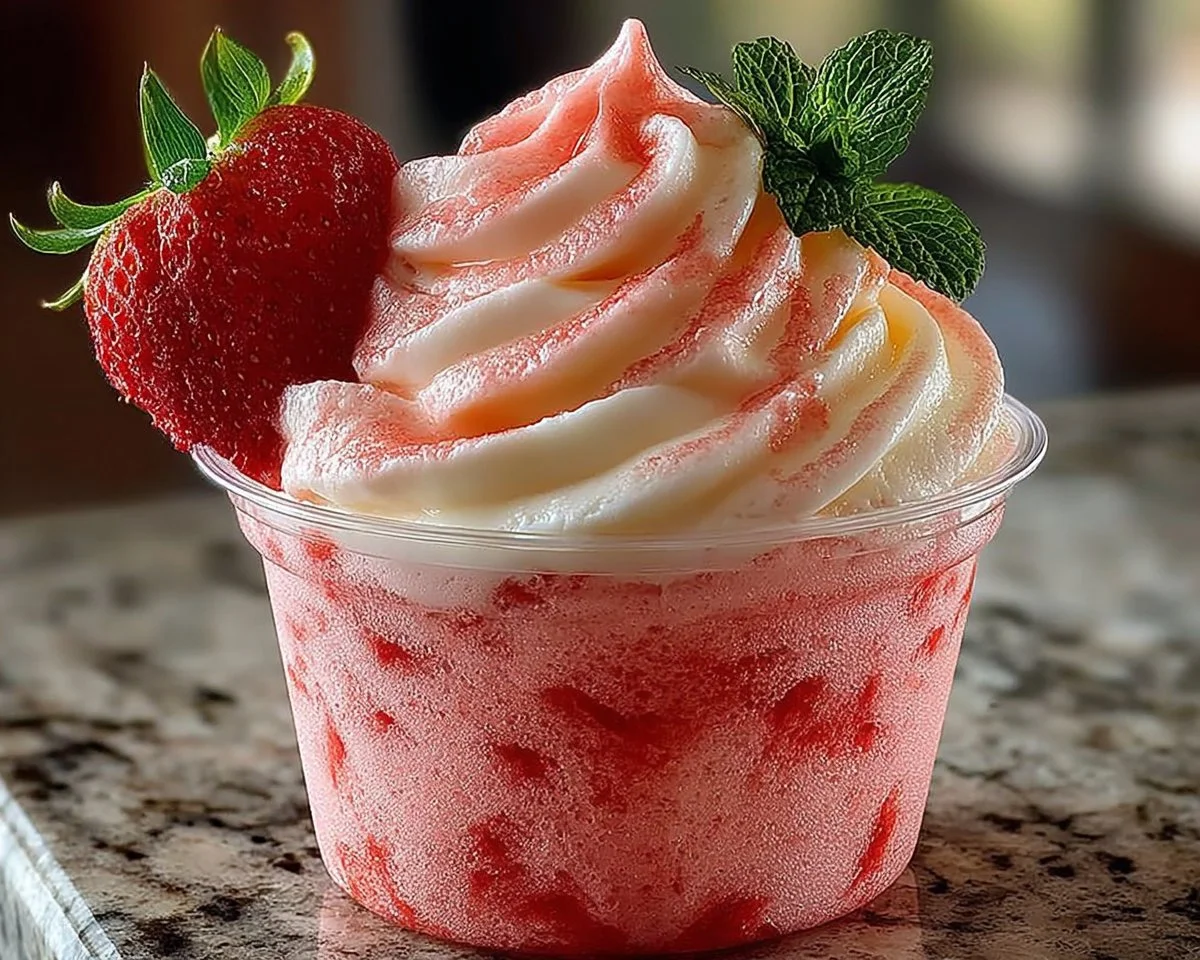 Delicious Strawberry Dole Whip served in a parfait glass