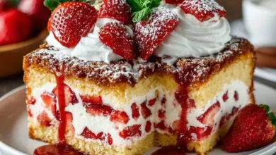 Delicious Strawberry Earthquake Cake topped with fresh strawberries and cream