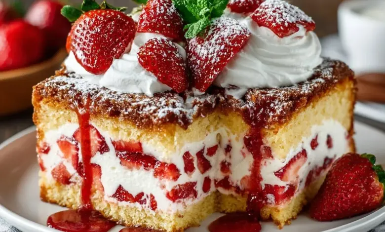 Delicious Strawberry Earthquake Cake topped with fresh strawberries and cream