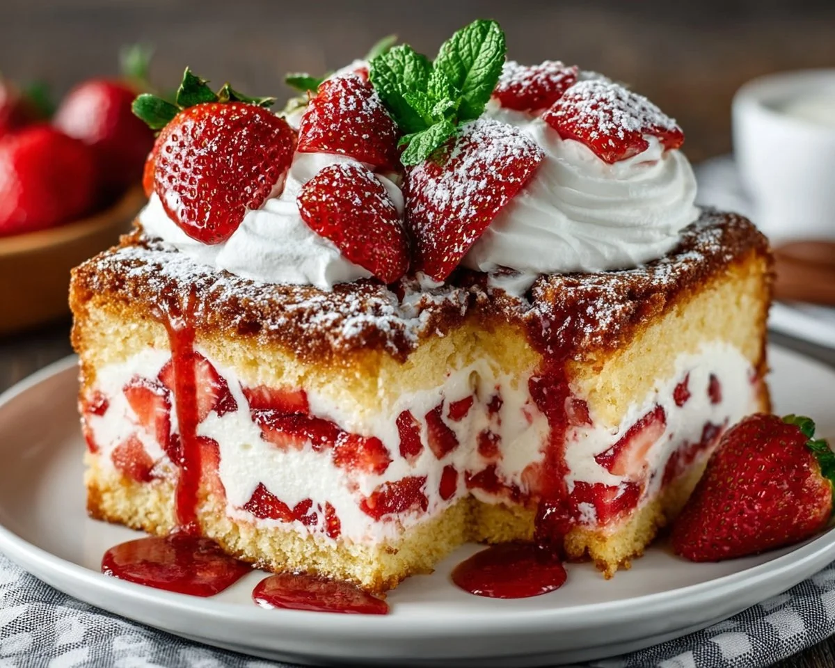 Delicious Strawberry Earthquake Cake topped with fresh strawberries and cream