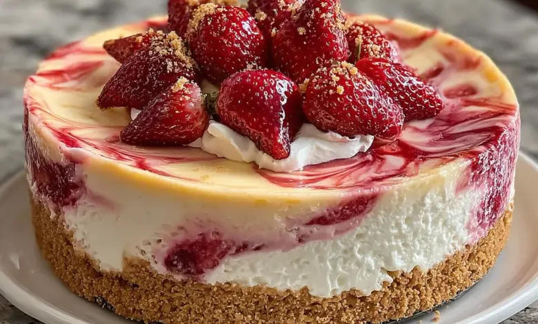Delicious strawberry swirl cheesecake topped with fresh strawberries