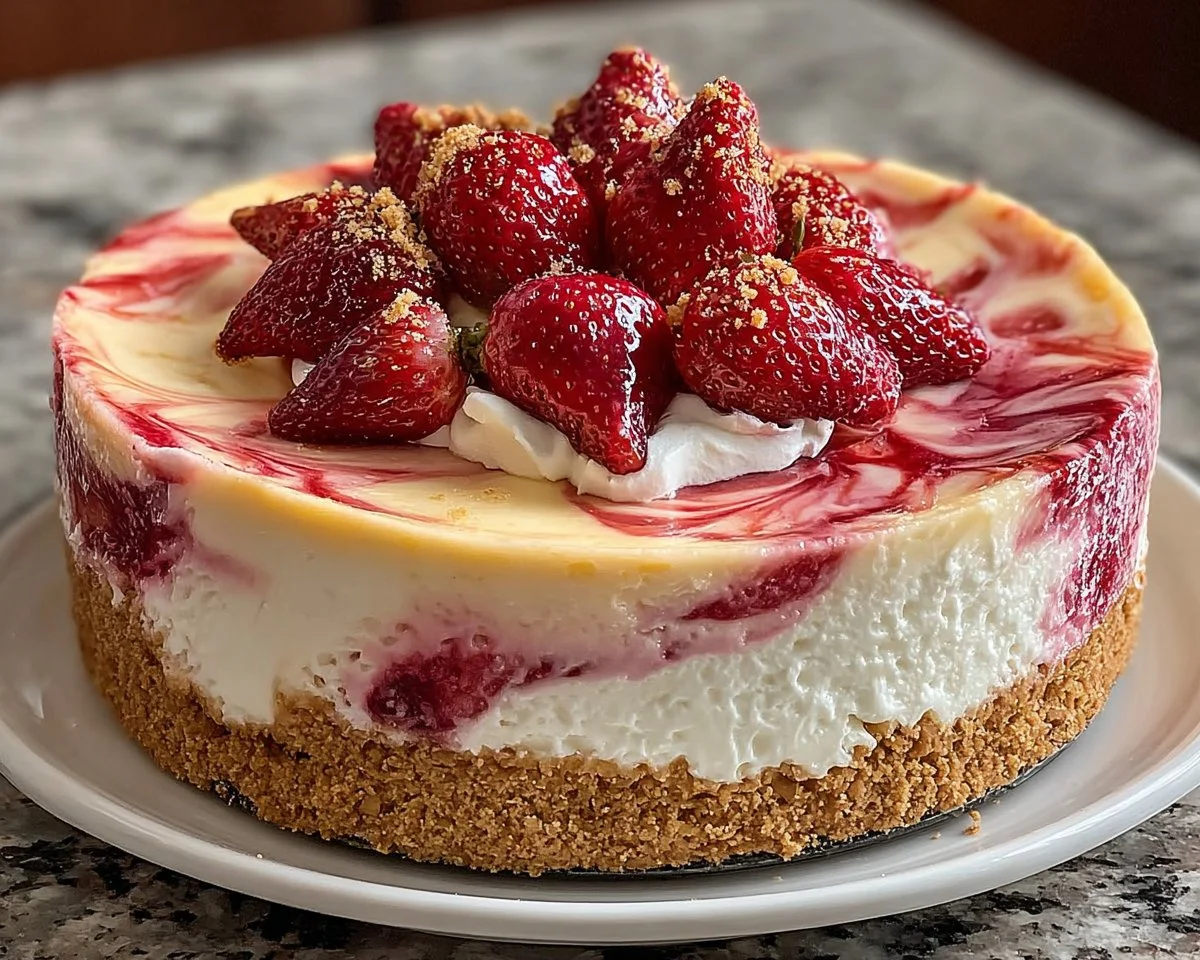 Delicious strawberry swirl cheesecake topped with fresh strawberries
