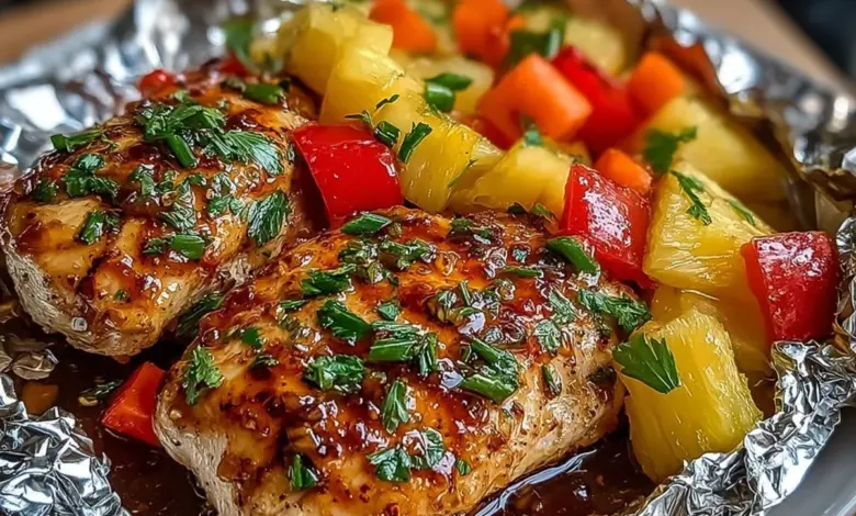 Teriyaki chicken and pineapple foil packets ready for grilling.