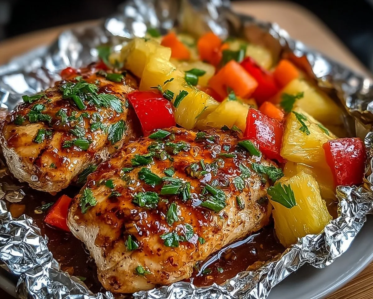 Teriyaki chicken and pineapple foil packets ready for grilling.