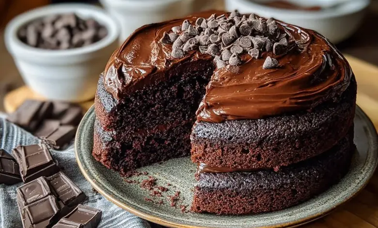 Delicious triple chocolate cake topped with chocolate frosting and shavings